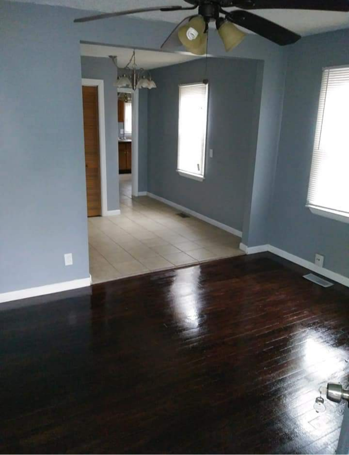 Finished hardwood floor and freshly painted wall