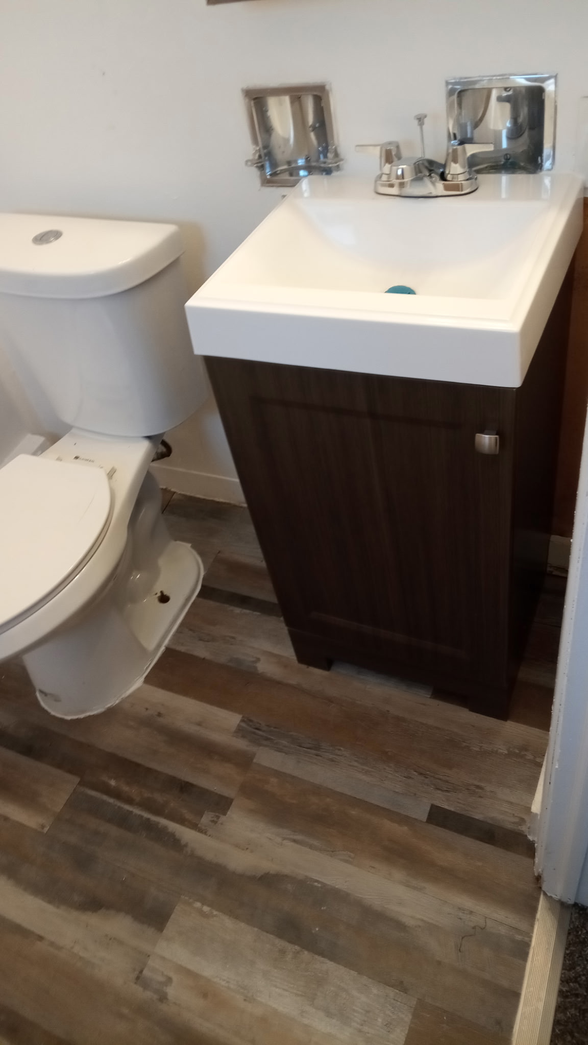 Remodeled bathroom with new vinyl plank floor and dark modern vanity