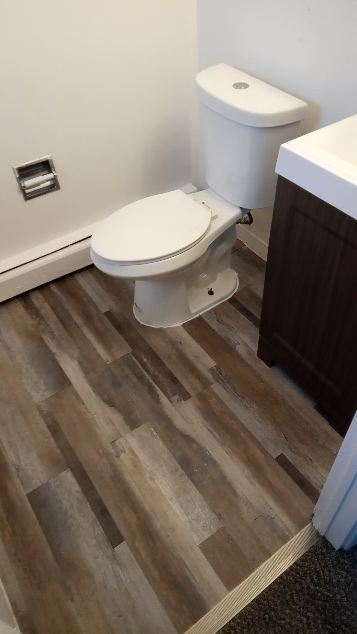 Finished bathroom with new toilet and luxury vinyl plank flooring